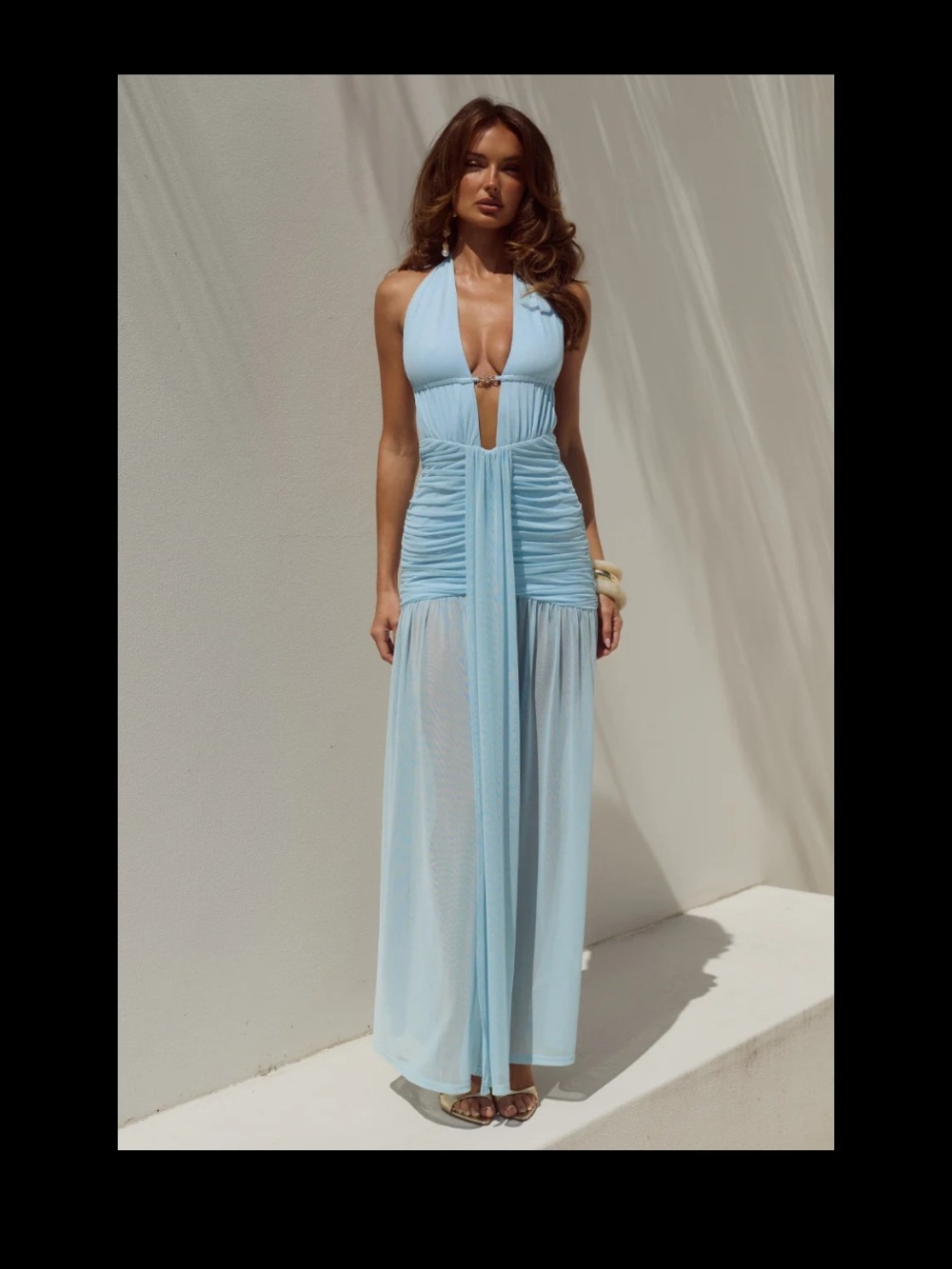 ADRIANNA PLUNGE RUCHED MAXI DRESS - AQUA Small